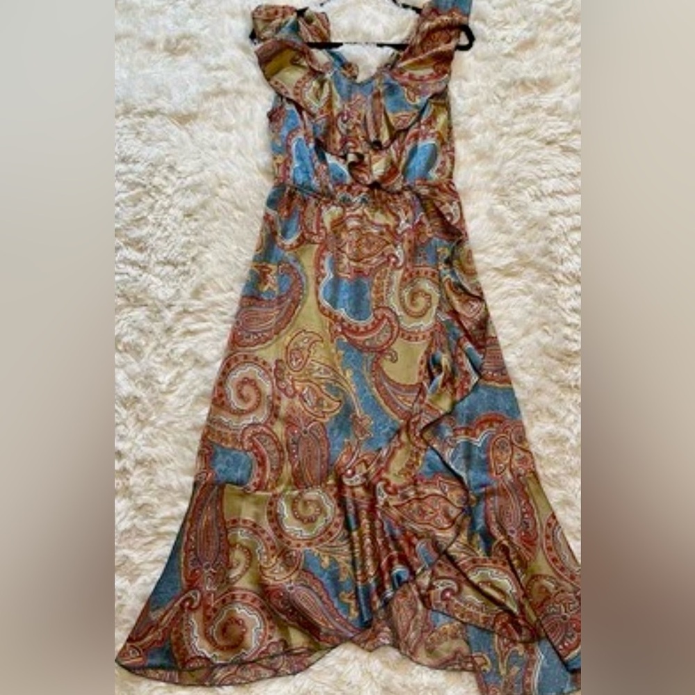 Lapis Midi Dress Boho‎ Paisley Ruffle Cottagecore Festival Silky Y2K Romantic M - Picture 5 of 11